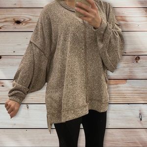 New Heathered Mocha Hi-Low Dolman Oversized Sweater Tunic Top Shirt Exposed Seam